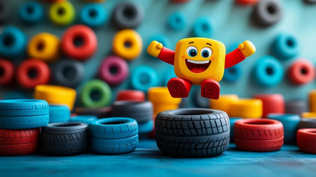 A yellow cartoon character with a big smile jumps over a stack of colorful toy tires. The tires are arranged in various colors and patterns, creating a playful and whimsical scene. The background is a wall of colorful tires, adding to the overall vibrant and energetic atmosphere. The image captures a moment of joy and excitement as the cartoon character effortlessly leaps over the obstacles.