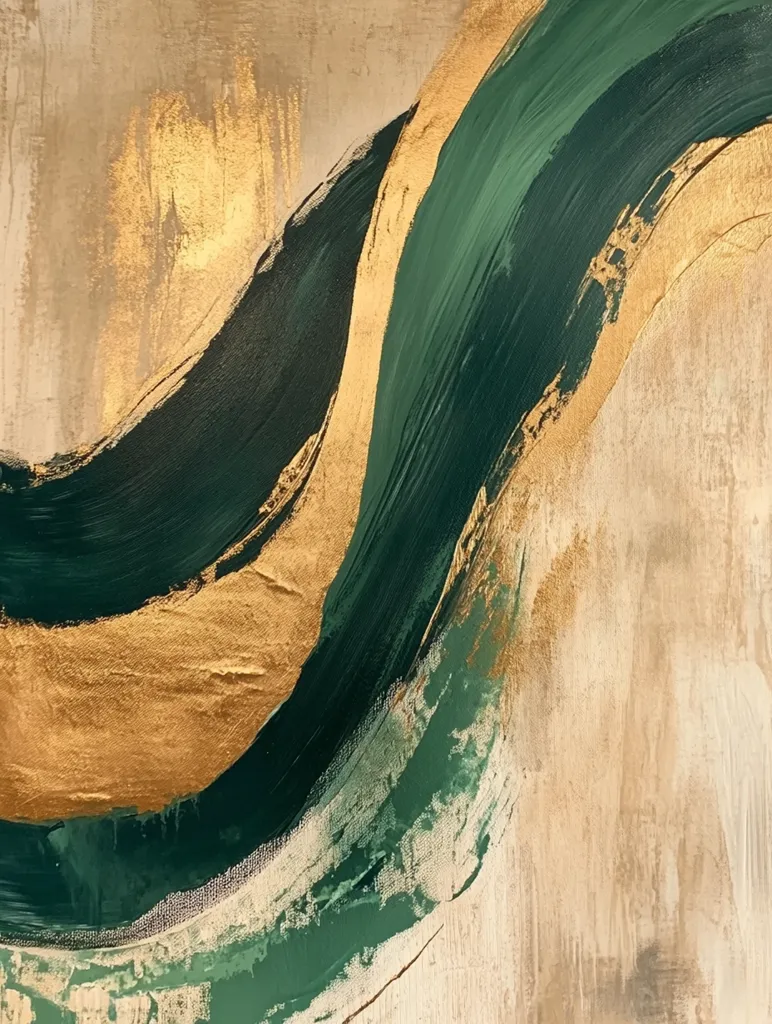 The abstract painting features a dynamic composition of bold, sweeping strokes in emerald green and shimmering gold. The green paint, applied in thick layers, creates a sense of movement and depth, while the gold accents add a touch of opulence and luminosity. The background is a warm, earthy beige, providing a neutral backdrop for the vibrant colors. The overall effect is both captivating and evocative, suggesting a sense of flow and energy.