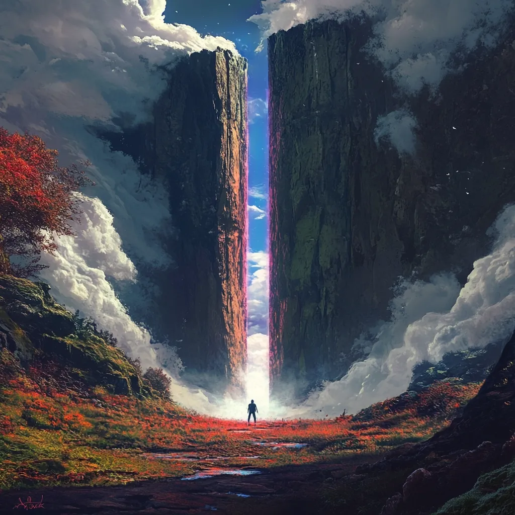 The image depicts a solitary figure standing at the base of a towering, ethereal gateway. Two enormous rock formations, seemingly split apart, reveal a glowing, ethereal portal. The scene is bathed in a soft, ethereal light, with clouds swirling around the gateway. Lush vegetation and a path lead toward the entrance, inviting the viewer to imagine the possibilities that lie beyond. The overall feeling is one of wonder, mystery, and the promise of adventure.