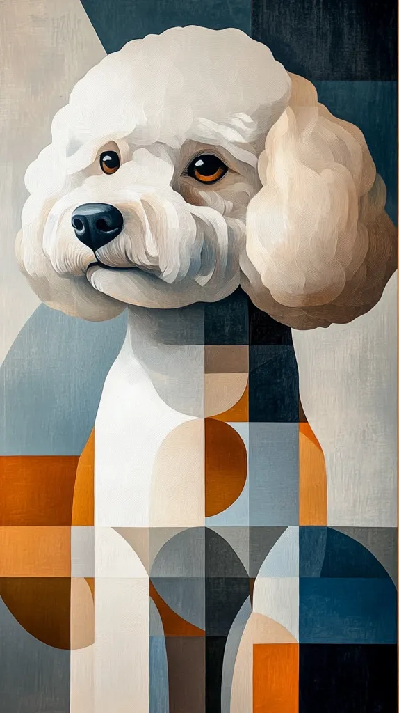 A white poodle with a geometric pattern background in shades of blue, brown, and orange. The poodle has a serious expression and looks directly at the viewer.  The image is rendered in a painterly style.  The background is made up of squares and circles.  The dog is positioned in the center of the image.