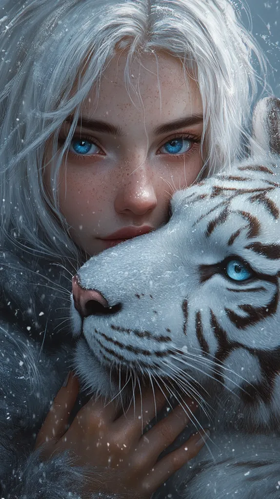 A young woman with long, white hair and blue eyes looks lovingly at a white tiger with blue eyes. The woman's hand rests gently on the tiger's face, and snowflakes fall around them. The image depicts a close bond between a woman and a wild animal, suggesting a sense of trust and connection.