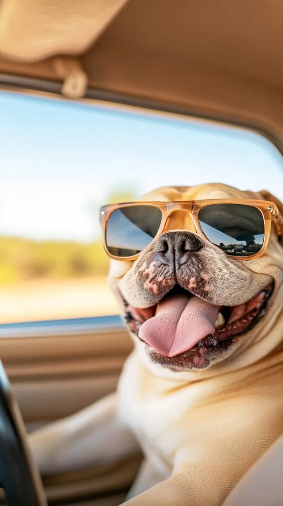A dog, wearing sunglasses, sits in the passenger seat of a car. Its tongue is sticking out and its expression is goofy and happy. The dog is looking out the window at a blurry background of trees and a road. The car's interior is visible, but the driver is not.  The image is bright and cheerful.