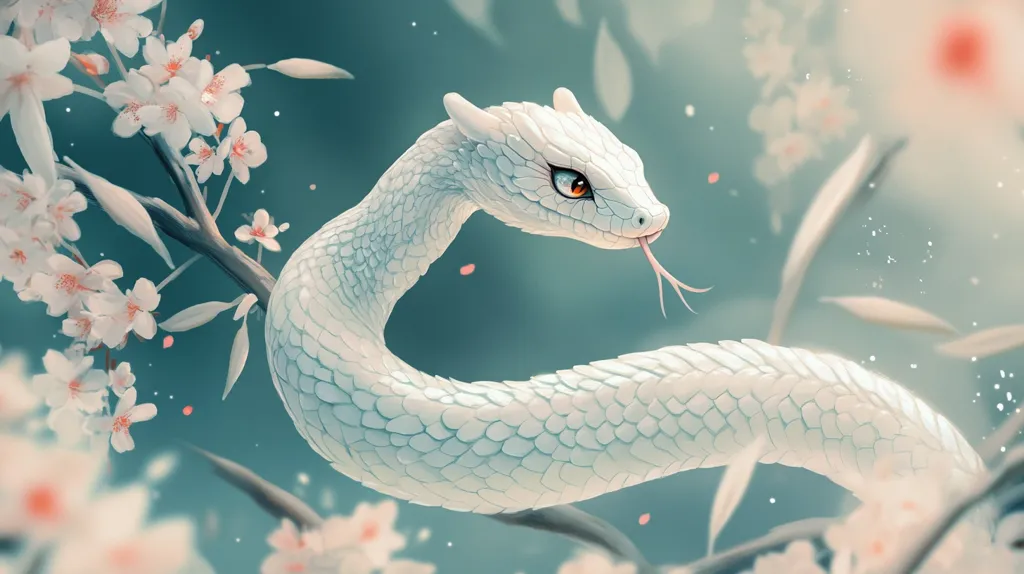 A white snake with a scaly, glistening body is curled around a branch of a blossoming cherry tree. Its eyes are a bright yellow and its tongue flickers out. The delicate white blossoms of the tree add a sense of beauty and fragility to the scene, creating a juxtaposition between the serpent's strength and the delicate flowers. The background is a soft, dreamy blue-green, adding to the ethereal quality of the image.