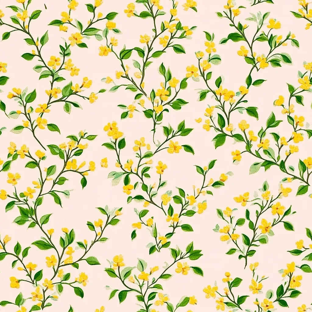 A delicate floral pattern with small, yellow flowers and green leaves on a pale pink background. The flowers are scattered randomly, creating a soft and romantic feel.  The small size of the flowers and leaves add a sense of dainty charm. The light color palette creates a sense of tranquility and freshness.