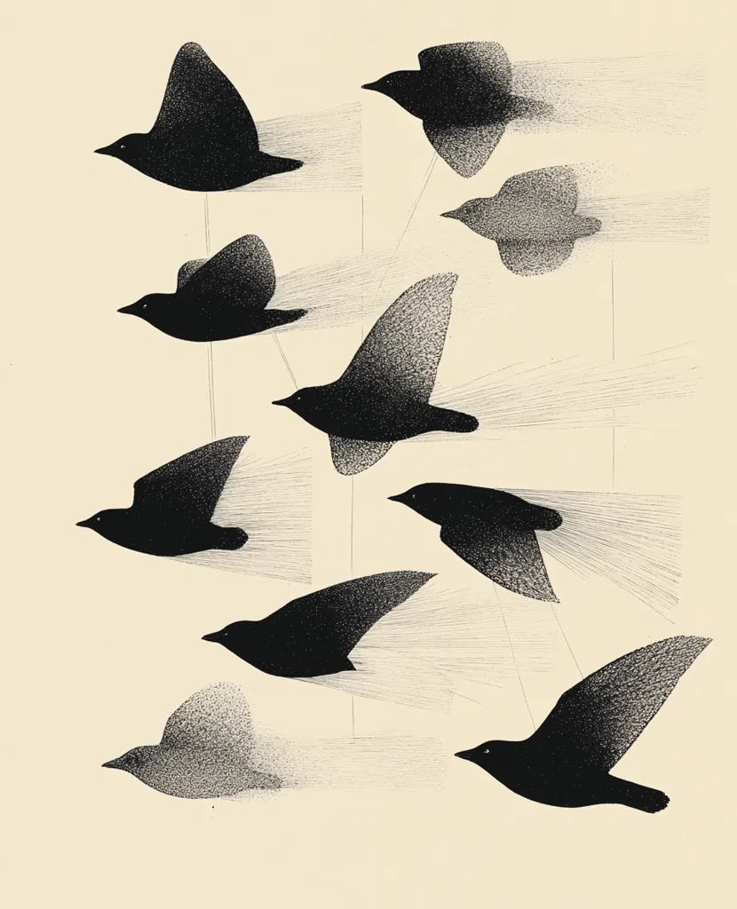 The image depicts nine black birds in flight, rendered in a minimalist style using fine lines. The birds are arranged in a diagonal line, creating a sense of motion and direction. Their wings are outstretched, and their tails are trailing behind them. The background is a simple, off-white color, allowing the birds to stand out. The image evokes a sense of freedom, movement, and grace.