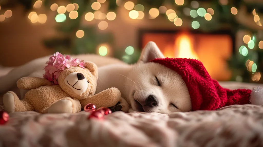 A white puppy wearing a red Santa hat sleeps soundly beside a teddy bear wearing a pink flower crown. The scene is lit by a warm glow from a fireplace and Christmas lights. The puppy's closed eyes and relaxed posture convey a peaceful sleep. The image evokes a sense of cozy warmth and holiday cheer.