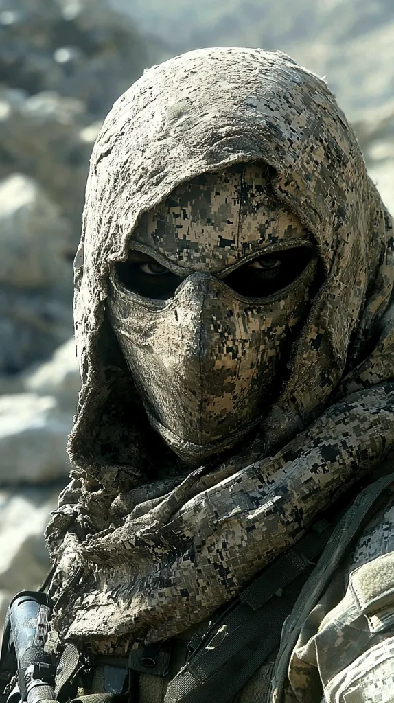A soldier is fully covered in camouflage, their face obscured by a patterned mask. They are holding a rifle and appear to be in a war-torn environment. The image is dark and gritty, creating a sense of mystery and tension. The soldier's eyes, visible through the mask, suggest determination and vigilance. The image is a powerful portrayal of the harsh realities of war.