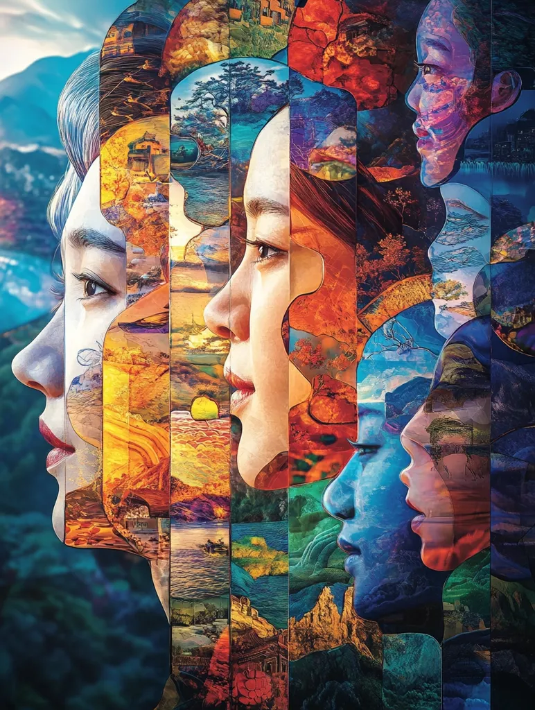 A colorful, abstract portrait of four faces, their features blurred and fragmented. The faces are formed by a mosaic of landscapes and nature scenes, creating a surreal and dreamlike atmosphere. The artwork is dominated by vibrant hues and intricate patterns.  The composition is a harmonious blend of human form and natural beauty, leaving the viewer to ponder its meaning and message.