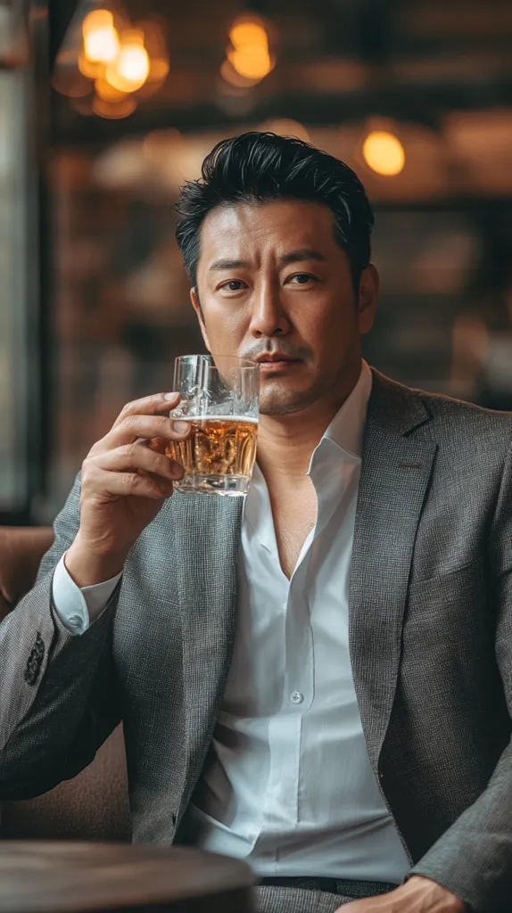 A man in a grey suit and white shirt sits in a dimly lit setting, holding a glass of beer. The light from the ceiling fixture casts a warm glow on his face and the drink. He looks directly at the camera with a thoughtful expression, as if lost in thought. The ambiance suggests a moment of relaxation and contemplation.