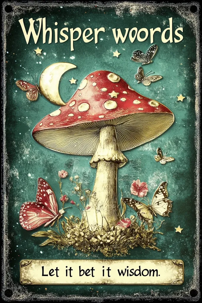 The image is a vintage-style illustration with a large mushroom in the center, surrounded by butterflies and flowers. The mushroom has a red cap with white dots and a thick white stem. There is a crescent moon above the mushroom and stars scattered around the image. The text "Whisper words" is written at the top in a whimsical font, and "Let it be it wisdom" is written at the bottom. The background is a faded green with a distressed texture. The overall tone of the image is whimsical and ethereal, suggesting a connection to nature and the mystical.