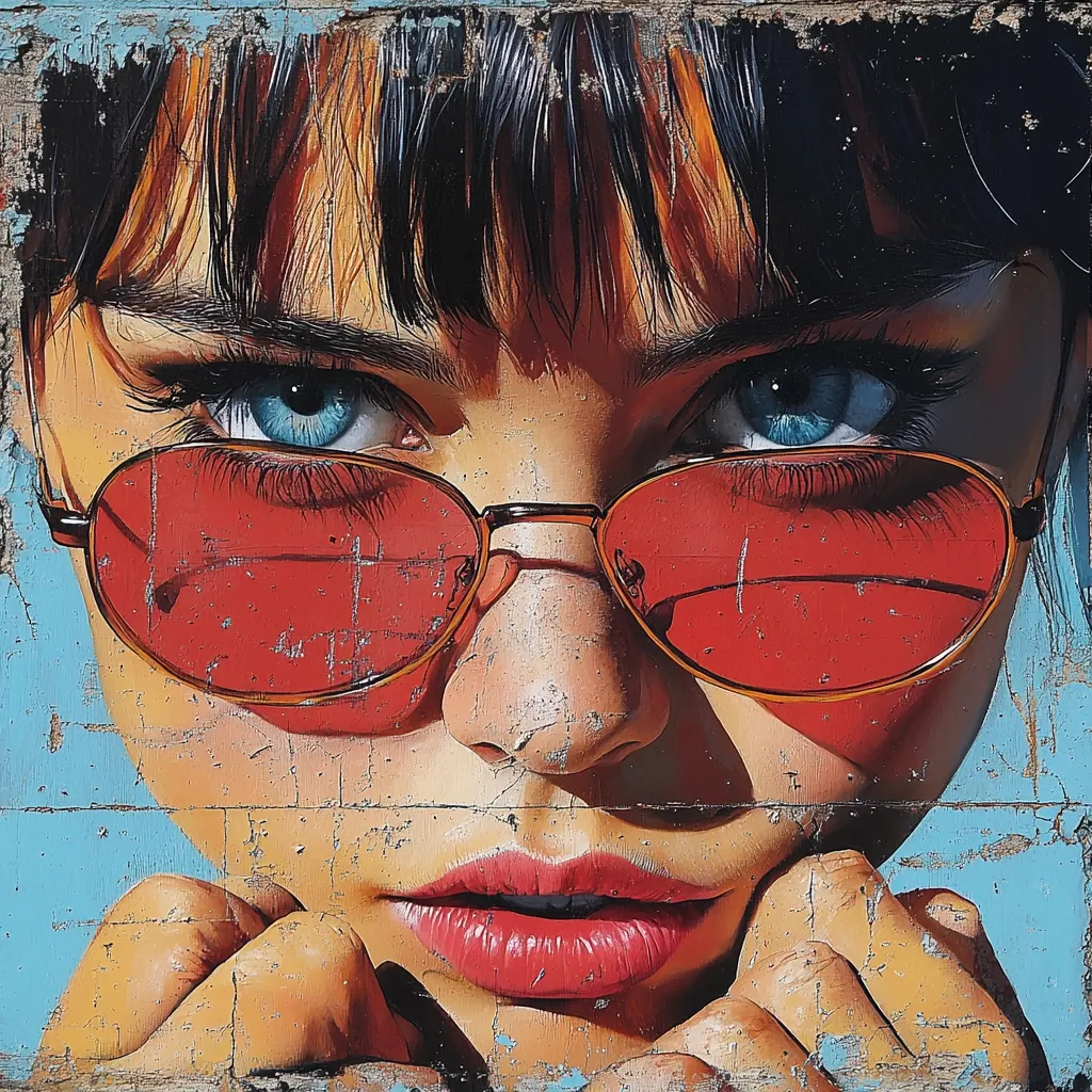 A close-up portrait of a woman with dark hair, wearing red sunglasses and her hand touching her cheek. The painting is done in a vibrant style with bold colors and textures, giving a sense of street art. The woman's expression is enigmatic, her eyes looking directly at the viewer, inviting interpretation. The blue background and chipped paint on the surface add to the urban aesthetic.