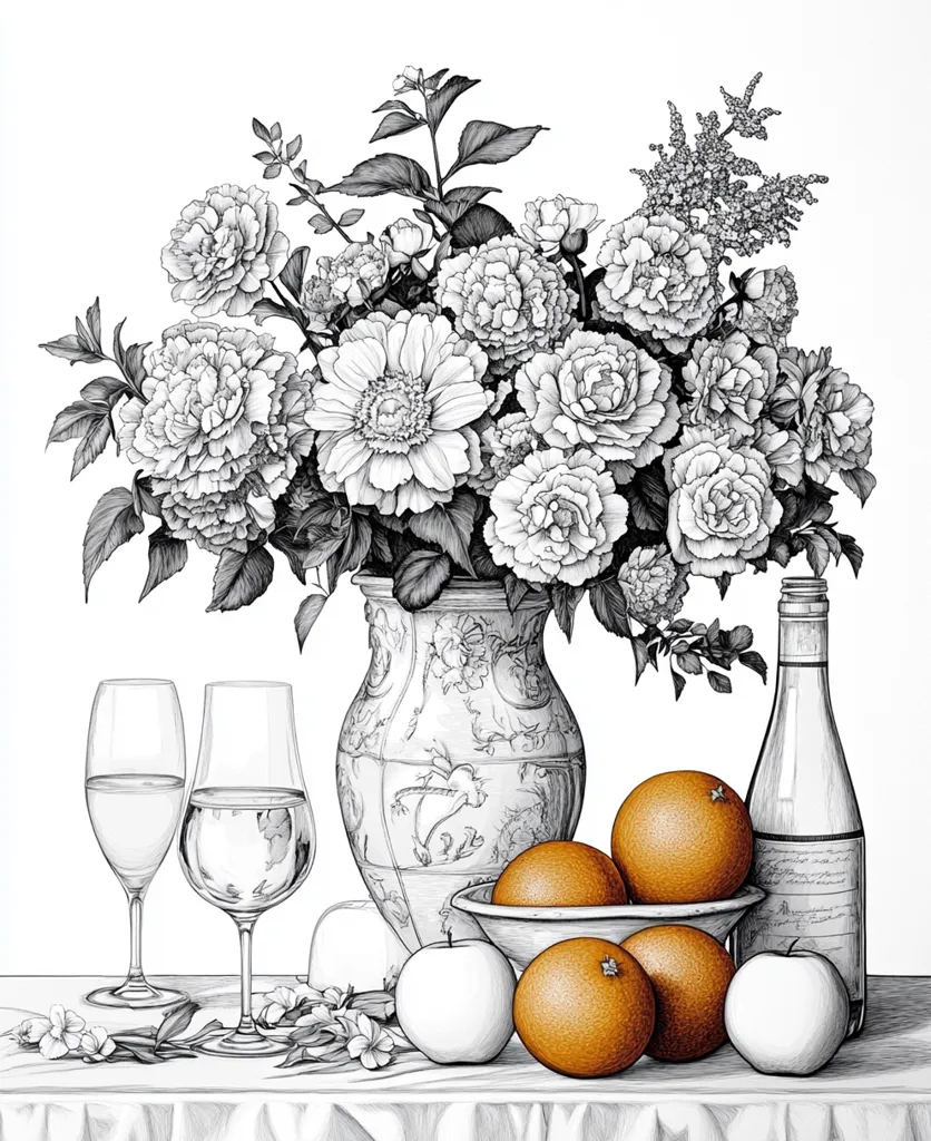 A still life drawing features a bouquet of white flowers in a patterned vase, two wine glasses filled with liquid, three whole oranges in a bowl, and a bottle of wine. Two apples sit nearby, all drawn in black and white except for the oranges, which are a vibrant orange. The drawing rests on a white tablecloth with a subtle, black and white patterned background.