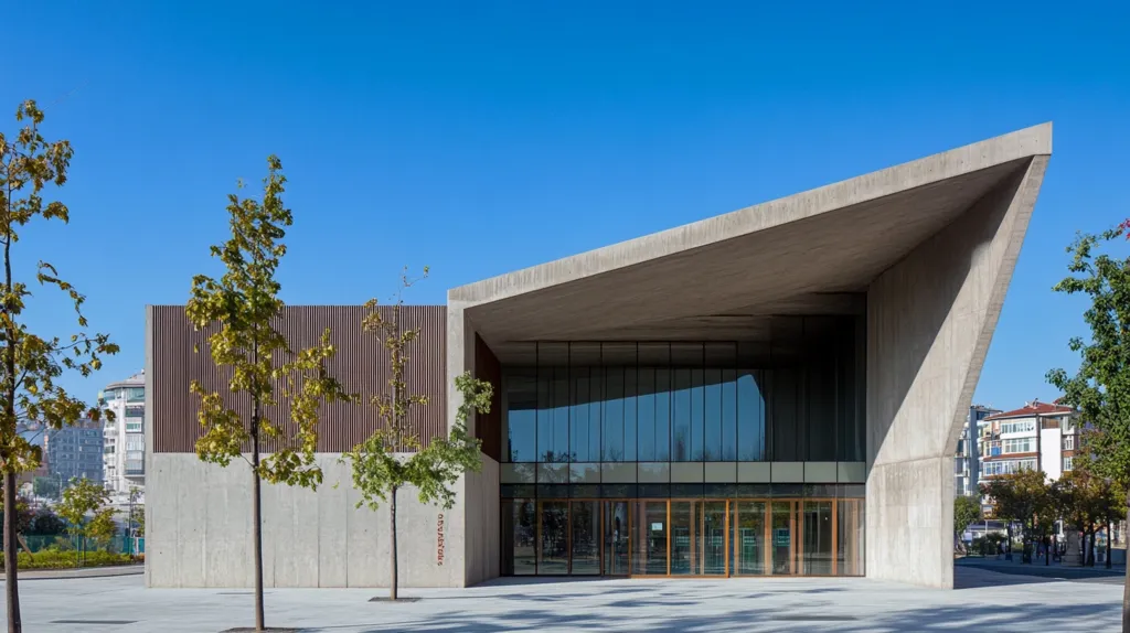 The image shows a modern building with a large, angled concrete roof and a glass facade. The building is surrounded by trees and a paved plaza. The building appears to be a public structure, such as a library or community center.  The architectural style is clean and minimalist, showcasing the use of modern building materials.  The image captures the building against a clear blue sky, highlighting the contrast between the building and the natural surroundings.