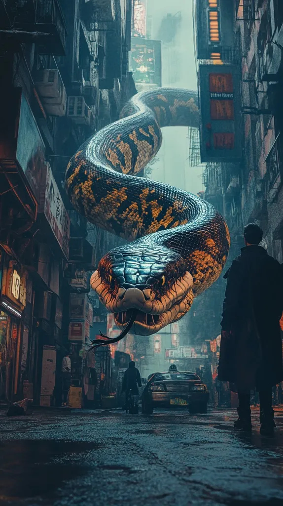 A giant snake, with scales of black and yellow, slithers through a narrow, rain-soaked alleyway in a futuristic city. Its head, with menacing eyes and sharp fangs, looms over the street, casting a shadow over pedestrians. The snake's body wraps around the buildings, almost touching the windows of the skyscrapers. A man in a dark coat walks towards the creature, seemingly oblivious to the danger. The scene evokes a sense of both awe and fear, suggesting a fantastical and potentially perilous world.