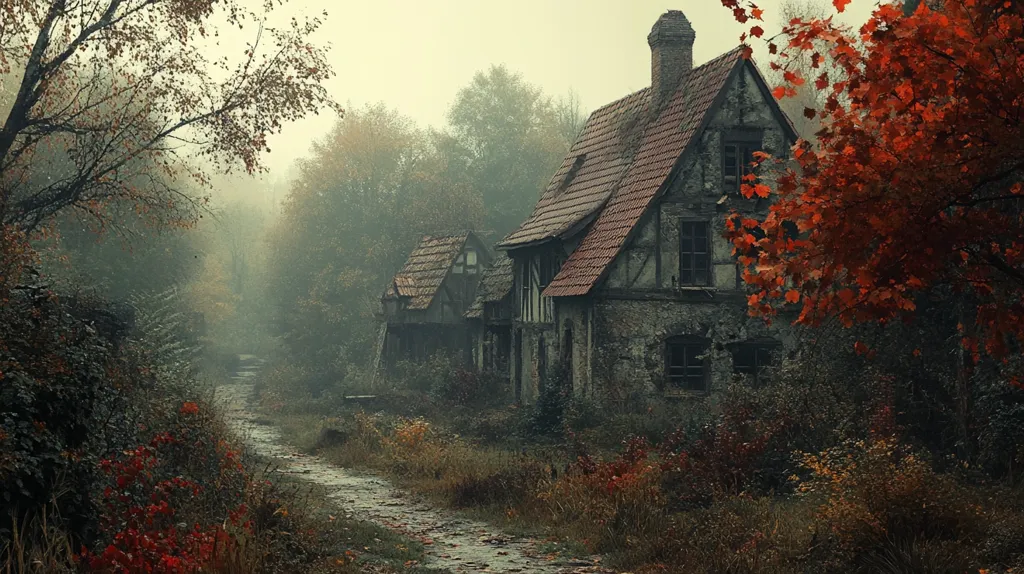A quaint, stone cottage with a steeply pitched roof stands nestled amongst dense, foggy woodland. The trees are heavy with autumn leaves, and the air feels crisp and cool. Sunlight filters through the leaves, casting dappled shadows on the path leading towards the cottage. It's a scene of quiet solitude, with the promise of a cozy, inviting interior.