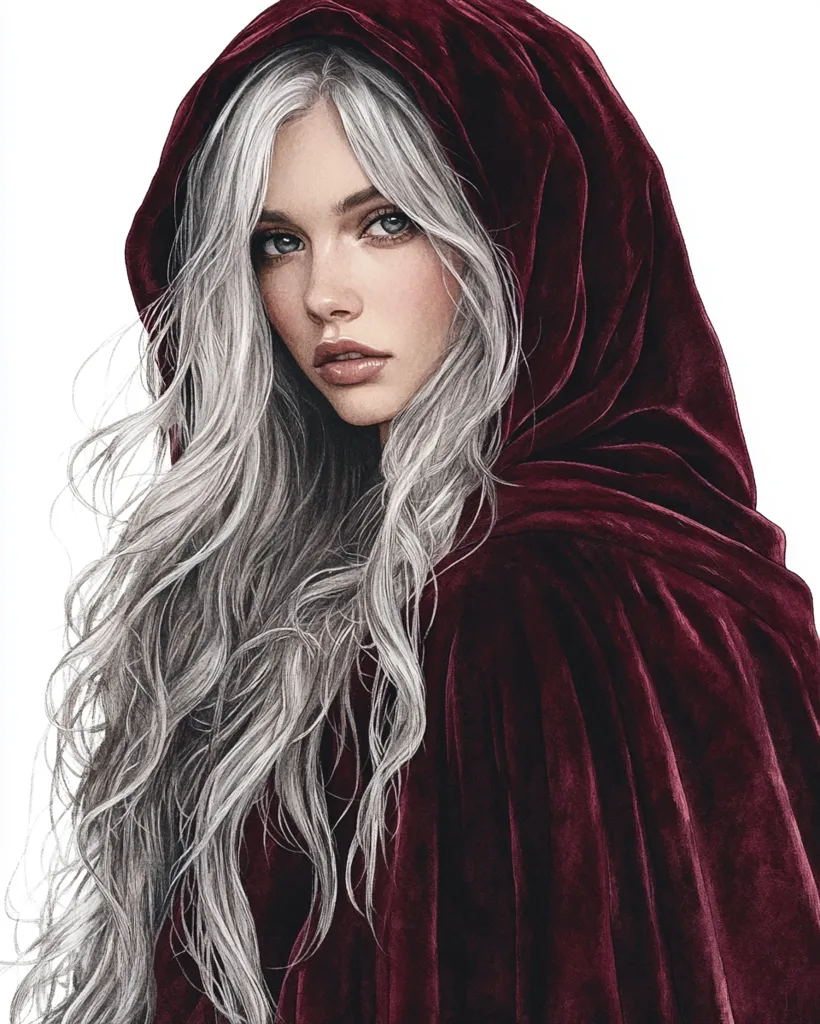 The image depicts a woman with long, flowing silver hair, wearing a deep red hooded cloak. The cloak is draped around her shoulders, framing her face and emphasizing her large, expressive eyes. Her gaze is focused and intense, suggesting a sense of mystery or determination. The contrasting colors of her hair and cloak create a visually striking and enigmatic portrait.
