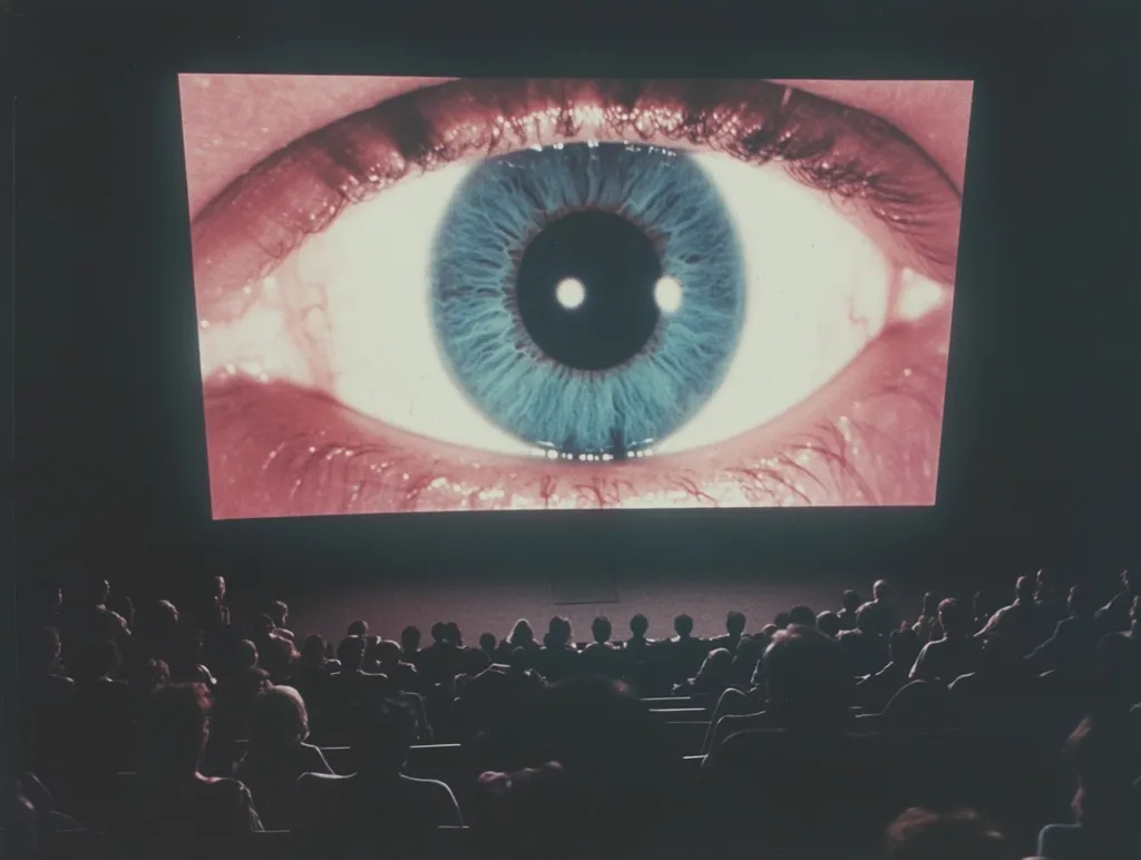 A large close-up image of an eye fills a movie screen in a darkened theater.  The audience is sitting in the dark watching the film.  The image evokes a sense of unease and surveillance.  The eye is the only source of light in the room, casting an eerie glow over the audience.
