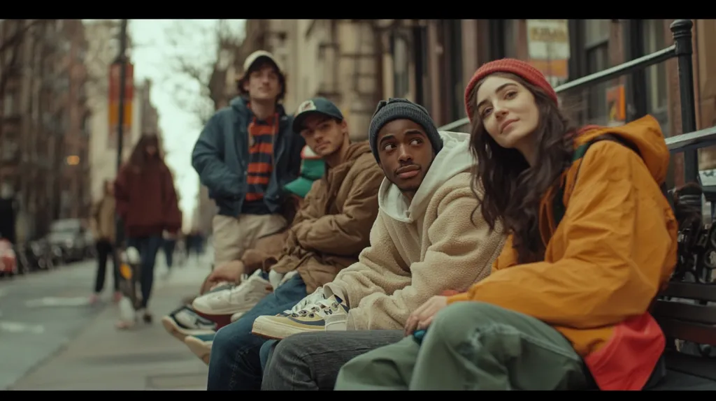 A group of young people are sitting on a bench on a city street. They are all wearing casual clothing and appear to be enjoying each other's company. The person on the far right is wearing a bright orange jacket and a red beanie, which contrasts with the other people's clothing.  The street behind them is busy with pedestrians and traffic.  They are likely friends, hanging out in the city.