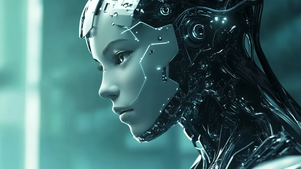The image shows a close-up of a female android's face. Her skin is smooth and white, and her eyes are large and dark. She has a futuristic, mechanical headpiece with visible wiring and gears. The background is a blurred turquoise, adding to the futuristic and surreal feel.  Her expression is stoic, her gaze looking off to the side.  The image highlights the intersection of technology and humanity, raising questions about the future of artificial intelligence.