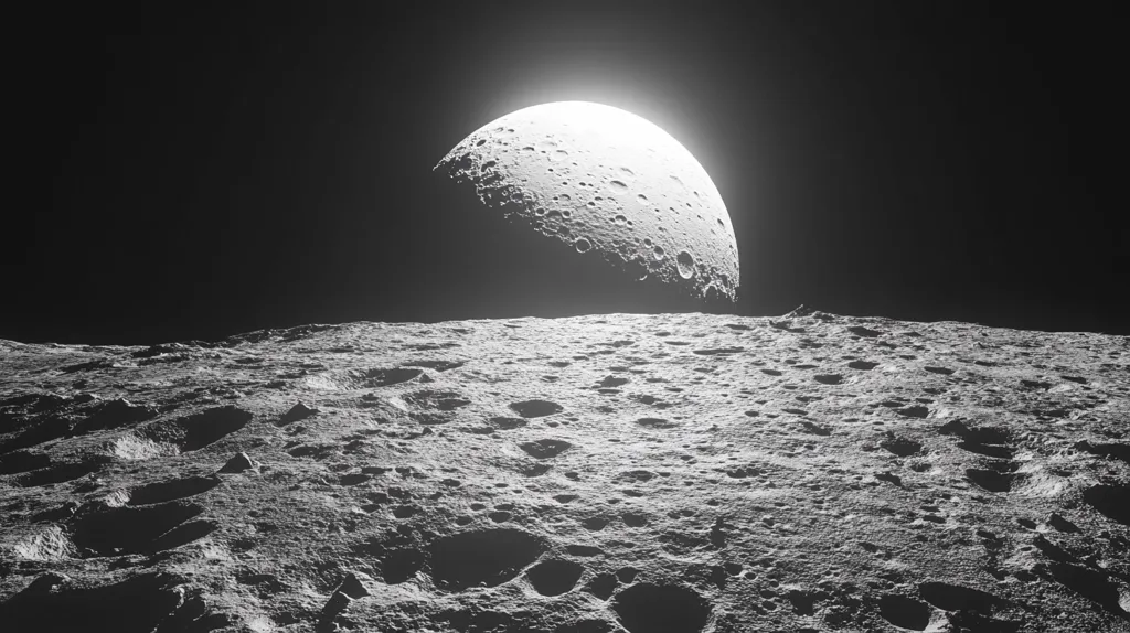 The image shows a black and white view of the moon's surface. The moon is in the background, partially obscured by the dark sky. The surface of the moon is heavily cratered, with many large impact craters visible. The moon's surface is illuminated by the sun, which is not visible in the image. The image is taken from a low angle, giving the viewer a sense of scale. The image is likely a photograph taken by a spacecraft orbiting the moon.