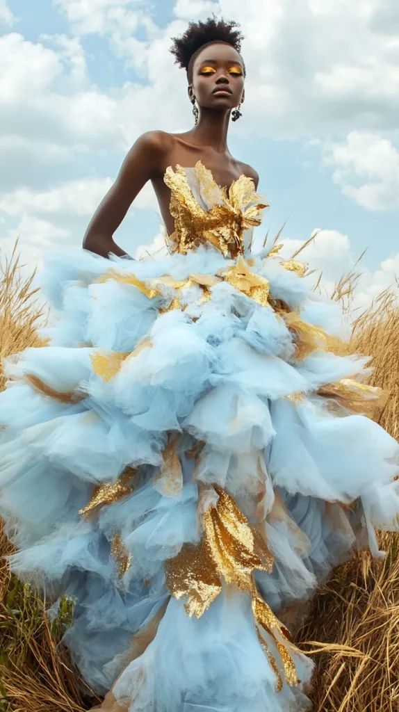 A young woman with dark skin and short, curly hair stands in a field, wearing a flowing blue tulle gown adorned with gold sequins. Her golden eye shadow and delicate earrings accentuate her features. The gown is voluminous, creating a dramatic and ethereal silhouette against the backdrop of a cloudy sky. The field of golden hay adds warmth and texture to the scene, complementing the vibrant colors of the dress. The image evokes a sense of elegance, beauty, and fantasy.