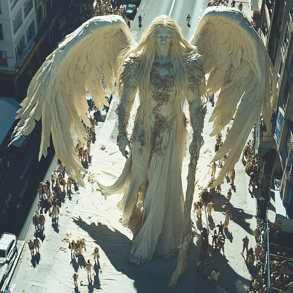 A large, white, paper mache angel sculpture stands in the middle of a city street. It has long, flowing hair, large wings, and a flowing gown. It appears to be a work of art, with many people gathered around it. The angel's presence casts a large shadow over the street, which is lined with buildings and cars. The scene is a blend of the natural and the artificial, with the angel a towering figure in the midst of a bustling city.