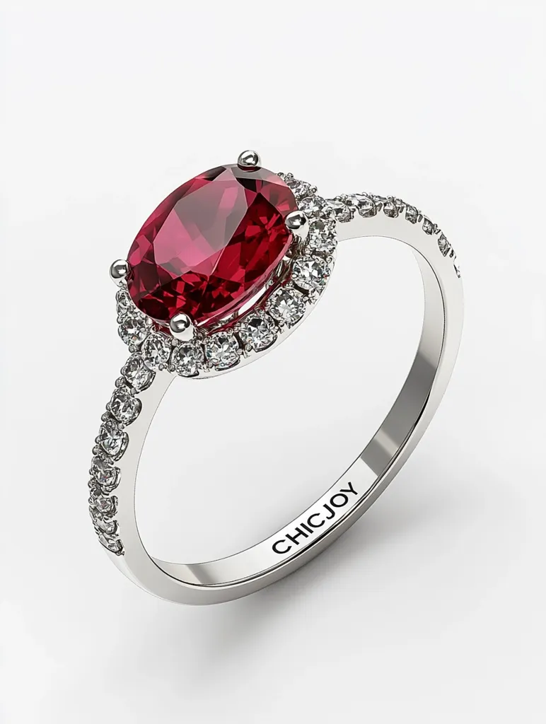 A silver ring with a large red oval gemstone set in a halo of smaller diamonds. The band is also lined with smaller diamonds and the inscription "CHICJOY" is engraved on the inside of the band. The ring is lying on a white surface, reflecting the light.