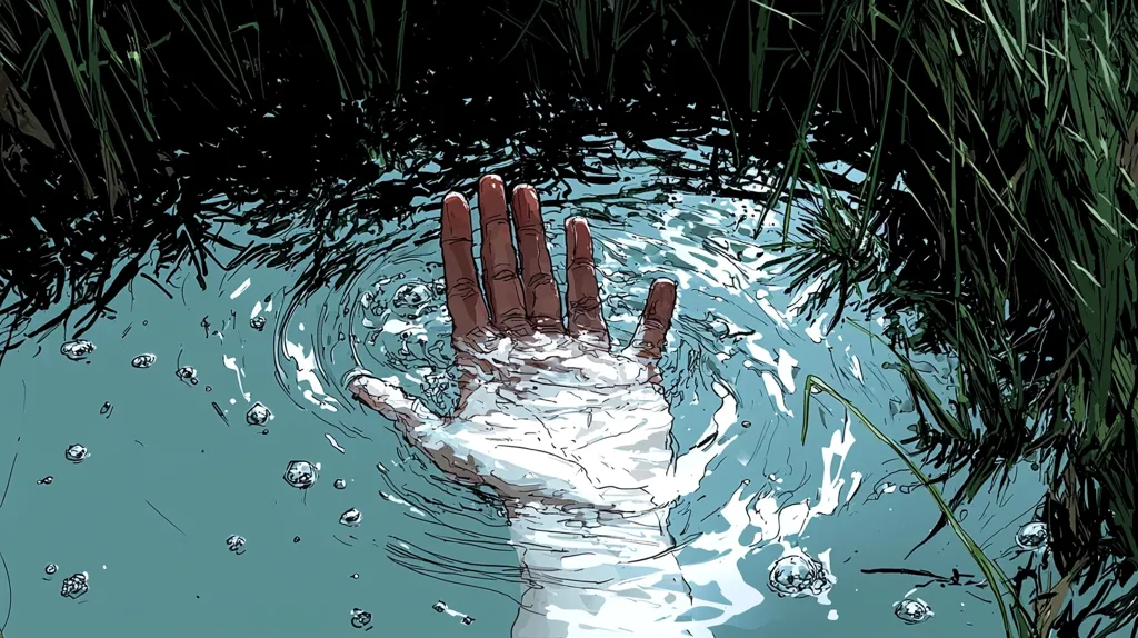 A hand reaches up from the water, the fingers splayed open. The water is a light blue, with ripples and bubbles forming around the hand. Tall grass grows on the bank, casting shadows over the water. The image creates a sense of mystery and suspense.