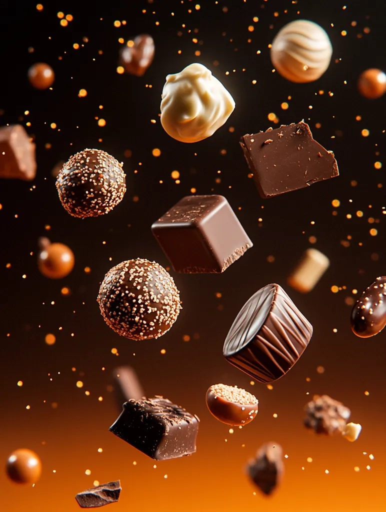A variety of chocolates, including truffles, squares, and pralines, are suspended in mid-air against a dark background with gold sparkles. Some of the chocolates have a white center, others are dark chocolate, and there are even a few with sprinkles. The image suggests a delightful and luxurious experience.