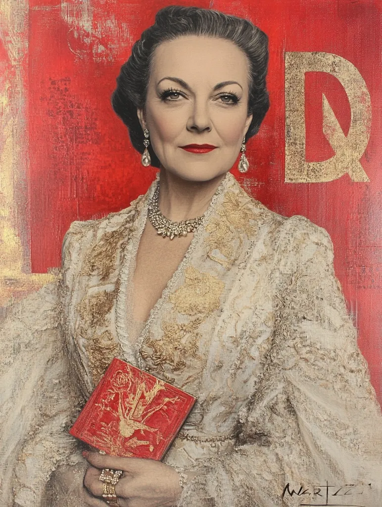 The painting depicts a woman in a white lace dress, with a red background and a gold "D" in the upper right corner. She wears a pearl necklace, earrings, and a ring on her left hand. She is holding a red book with gold embellishments. Her expression is serious and her eyes are looking directly at the viewer.  The artist’s signature is visible in the lower right corner.