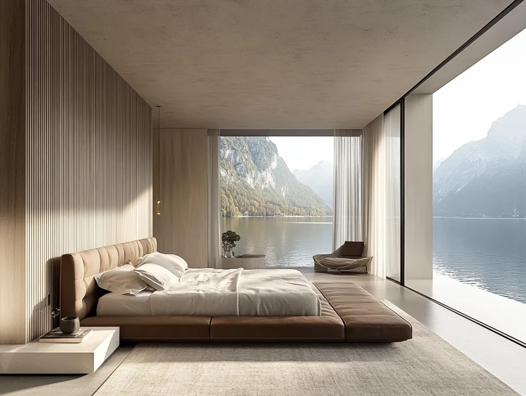 A minimalist bedroom features a plush bed with a brown leather headboard and a matching platform.  The room is bathed in natural light streaming in from floor-to-ceiling windows that offer a breathtaking view of a lake and mountains.  The walls are clad in vertical wood panels, adding warmth and texture.  A small, contemporary lounge chair is positioned near the window, inviting relaxation and contemplation of the picturesque scenery.  The overall aesthetic is serene and luxurious.