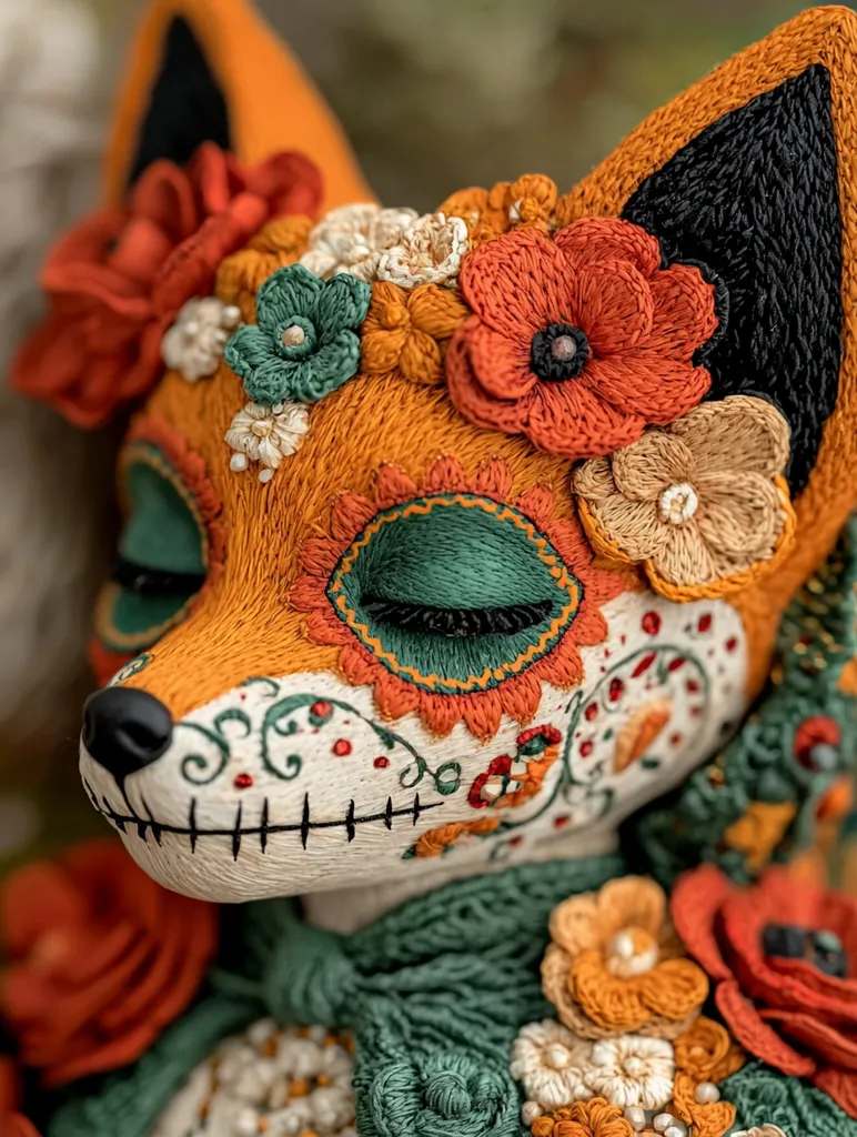 The image shows a close-up of a detailed, handcrafted fox doll, adorned with intricate embroidery. The doll's fur is a vibrant orange, and its face features a traditional Day of the Dead (Dia de los Muertos) design. The eyes are outlined in green and surrounded by a delicate floral pattern. The doll's head is adorned with orange, white and green flowers, creating a visually striking and whimsical piece of art.