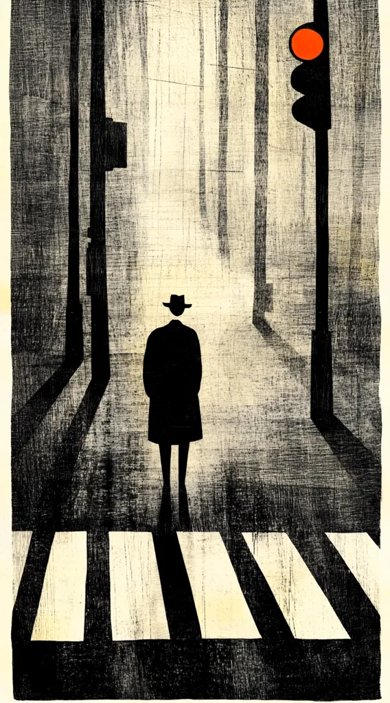 A lone figure in a coat and hat walks across a crosswalk in a foggy city street. The street is lined with tall buildings and the figure is silhouetted against the light of the street. A red light hangs above the crosswalk, signaling that traffic is stopped. The image has a minimalist and stark aesthetic, and the use of shadows and light creates a sense of mystery and isolation. The figure's destination is unknown, and the scene evokes a feeling of solitude and urban anonymity.