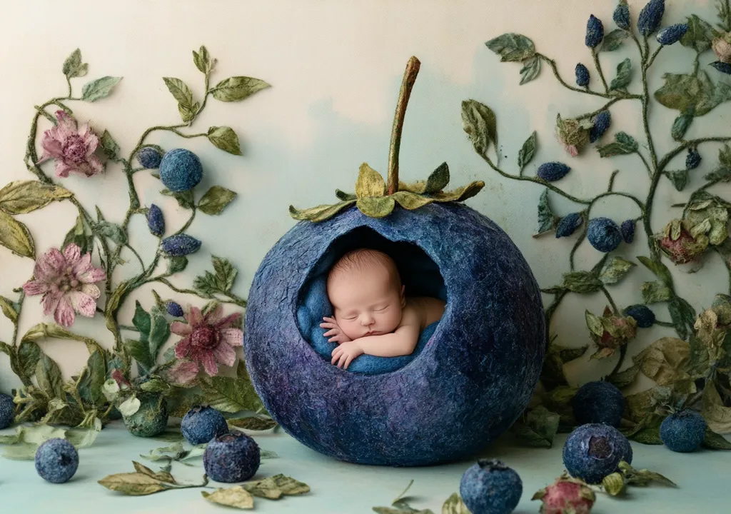A newborn baby sleeps soundly inside a large, felt blueberry. The blueberry is nestled amidst a bed of small, felt blueberries and vines of felt flowers. The backdrop is a light blue and white watercolor, creating a whimsical and magical setting.  The image captures the delicate beauty of a newborn baby and the innocence of sleep.