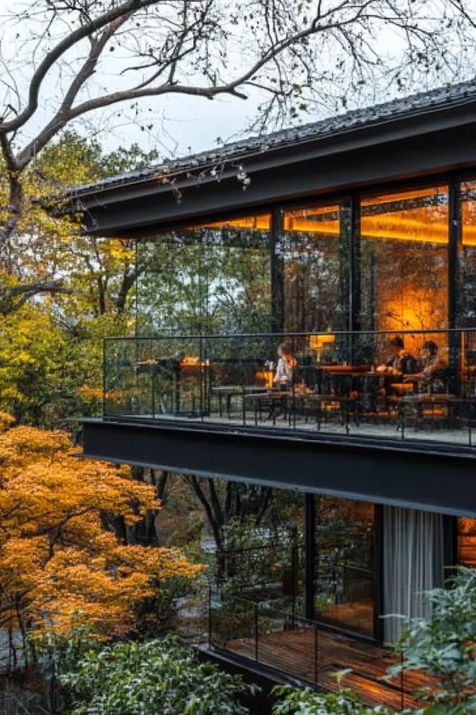 A modern, black-framed building with large windows sits nestled amidst a lush forest. Golden leaves from the trees in the foreground illuminate the scene. Inside the building, a balcony overlooks a dining area with people seated at tables. The light from within the building casts a warm glow on the surrounding foliage, creating a tranquil and inviting atmosphere.