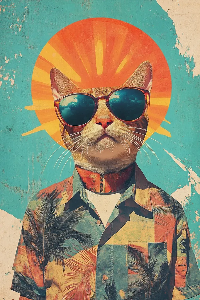 The image is a digital painting of a cat wearing sunglasses and a Hawaiian shirt. The cat is positioned in front of a large orange sun, with rays emanating from it. The background is a blue and turquoise color, reminiscent of a sky or water. The painting has a retro and whimsical feel, with bold colors and stylized elements.