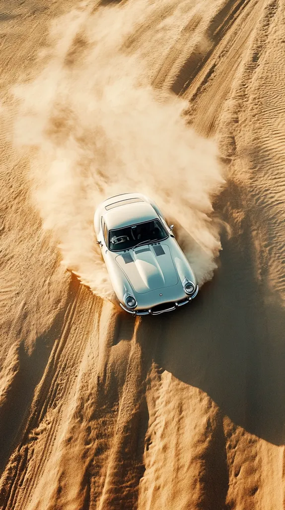 A silver sports car drives through a desert, kicking up a cloud of dust in its wake. The car is viewed from directly above, and the image captures the vehicle's movement and the textured landscape. The warm hues of the sand and the dynamic lines of the car create a captivating scene.