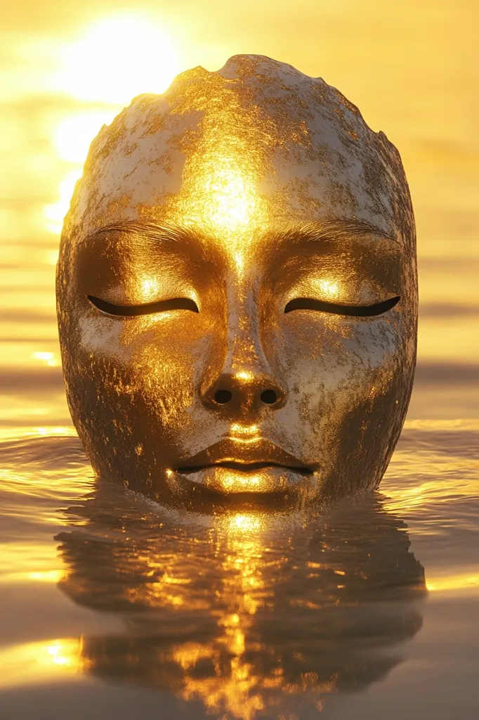 A golden mask, partially submerged in water, with its eyes closed. The mask is bathed in the warm glow of the setting sun, creating a serene and mystical atmosphere. The reflection of the mask on the water's surface adds to the depth and beauty of the image. The gold color symbolizes wealth, power, and wisdom.  The closed eyes evoke a sense of peace and tranquility.  The image captures a moment of calm and contemplation, inviting viewers to reflect on the beauty of the natural world and the power of stillness.