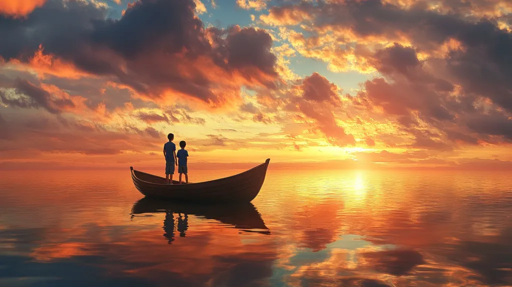 Two young boys stand in a wooden boat, silhouetted against a breathtaking sunset. The sky is ablaze with fiery orange and red hues, reflecting in the calm water. The golden glow bathes the scene in warmth and tranquility, evoking a sense of peace and wonder.