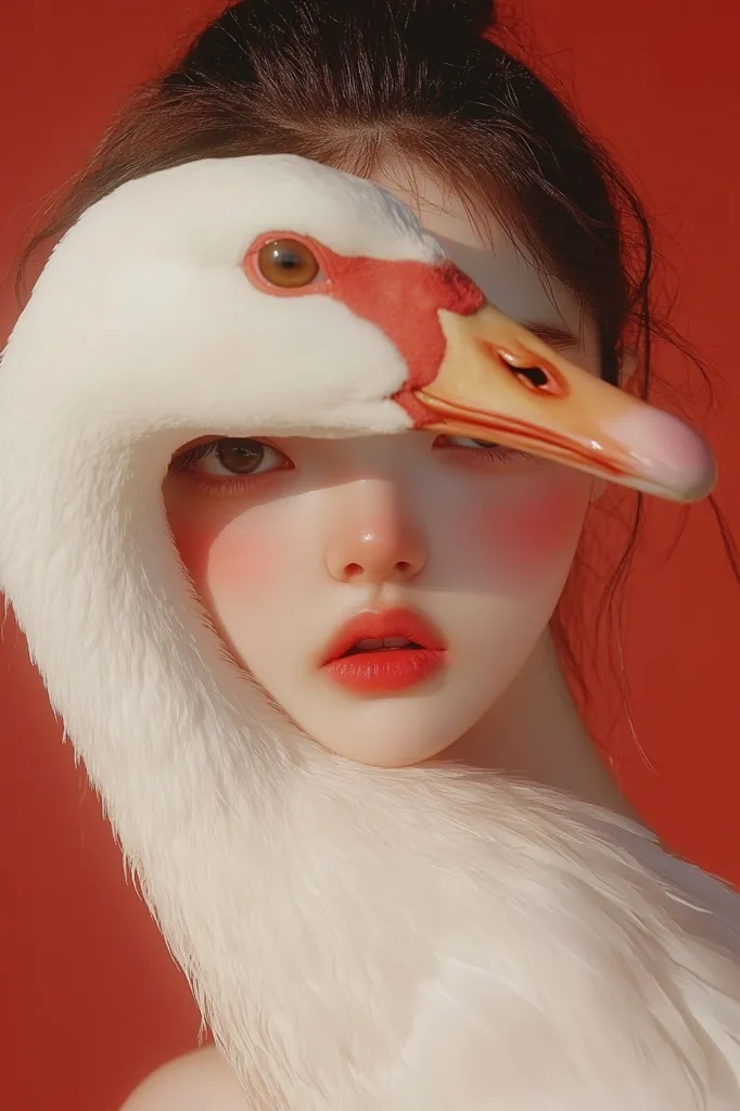 A young woman with dark hair,  partially obscured by a white goose's head, gazes directly at the viewer. Her skin is pale and flushed, her lips are a bright red, and her eyes are a deep brown. The background is a simple red, making the woman and the goose stand out. The image is both surreal and captivating, suggesting a sense of mystery and intrigue.