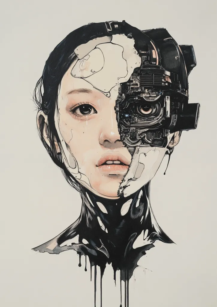 The image depicts a woman with black hair and a delicate face. Her right eye is replaced with a complex mechanical eye, while the rest of her face is intricately detailed with exposed wires and gears. Black ink drips down her neck, creating a striking visual contrast against the white background. The image explores themes of technology, humanity, and the blurring boundaries between the two.  The overall mood is one of mystery and intrigue, inviting viewers to ponder the relationship between humans and machines.