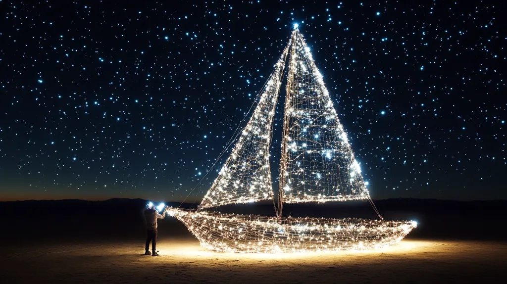 A large sailboat made of lights sits on a sandy beach beneath a vast, starry sky. The sailboat glows brightly, contrasting against the dark night sky. A lone figure stands in the distance, seemingly admiring the illuminated vessel. The scene evokes a sense of wonder and magic, with the twinkling lights and the vastness of the universe creating a captivating spectacle.