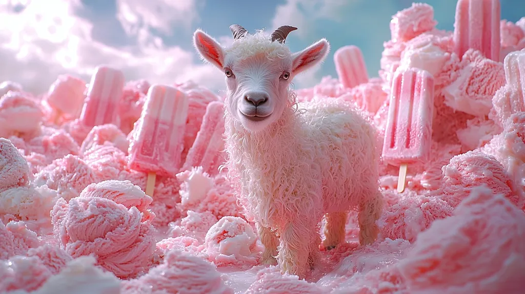 A fluffy white goat with a playful expression stands in a sea of pink. The goat is surrounded by pink ice cream and popsicles, creating a surreal and dreamy scene. The fluffy texture of the goat's fur contrasts with the smooth and melting ice cream, creating a visually striking image. The scene suggests a whimsical and imaginative world where anything is possible.