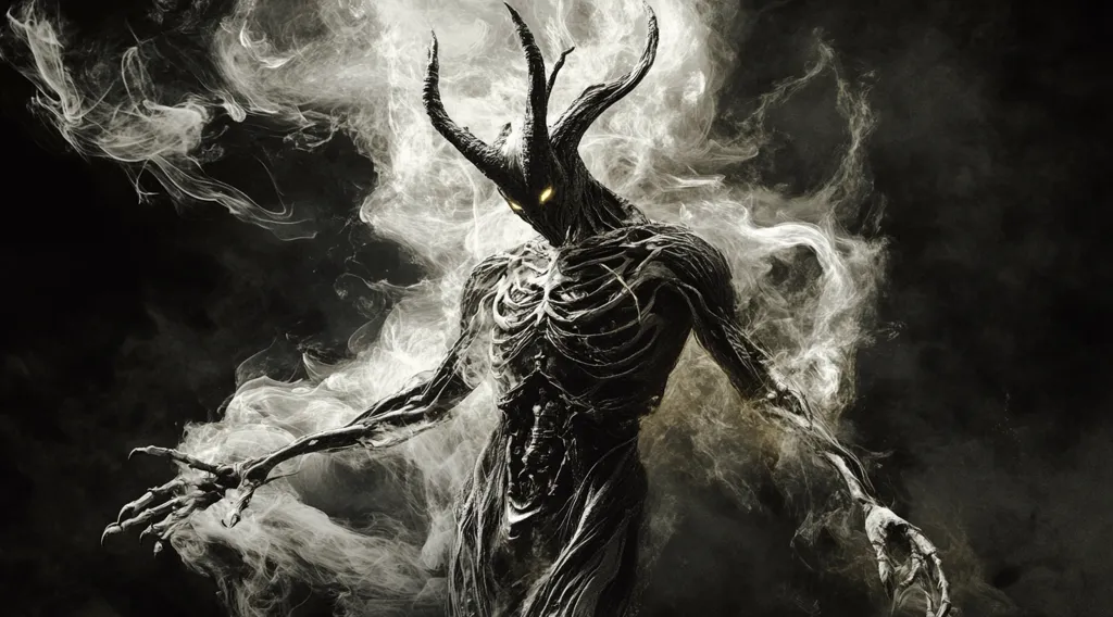 The image depicts a dark and menacing creature with a skeletal frame and glowing eyes. Its body is covered in intricate veins and branching appendages, suggesting a connection to nature. The creature is surrounded by swirling white smoke, adding to its ethereal and otherworldly appearance.  The dark background and the creature's menacing pose create a sense of fear and mystery.