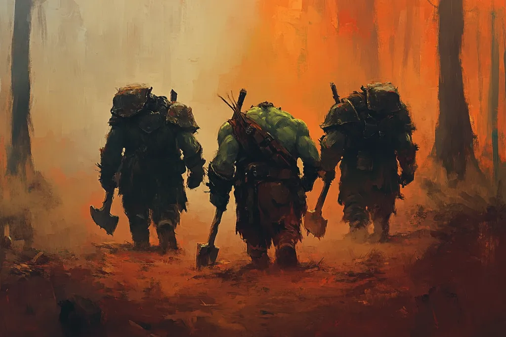 Three orcs walk through a hazy forest, their backs to the viewer. They carry axes and wear armor. The orcs are silhouetted against a warm, orange background.  The scene evokes a sense of mystery and adventure.