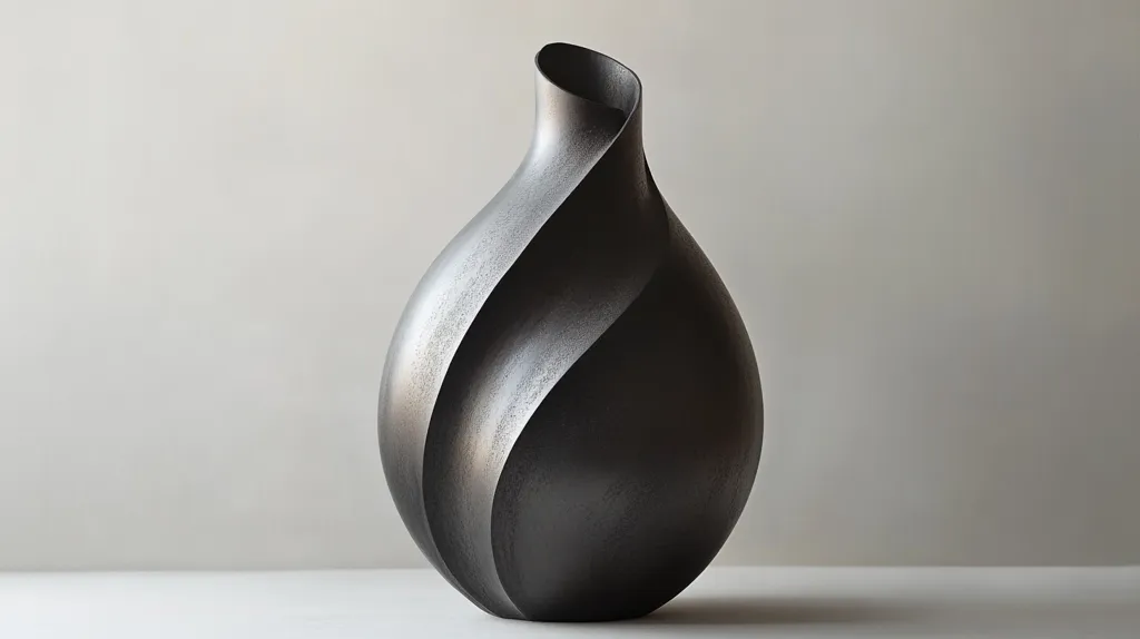 A sleek, black ceramic vase with a unique, spiraling design stands against a minimalist, off-white backdrop. The vase's smooth, glossy surface reflects the light, creating a sense of elegance and sophistication. The simple composition and the vase's striking form create a captivating visual that draws the eye to its intricate details.