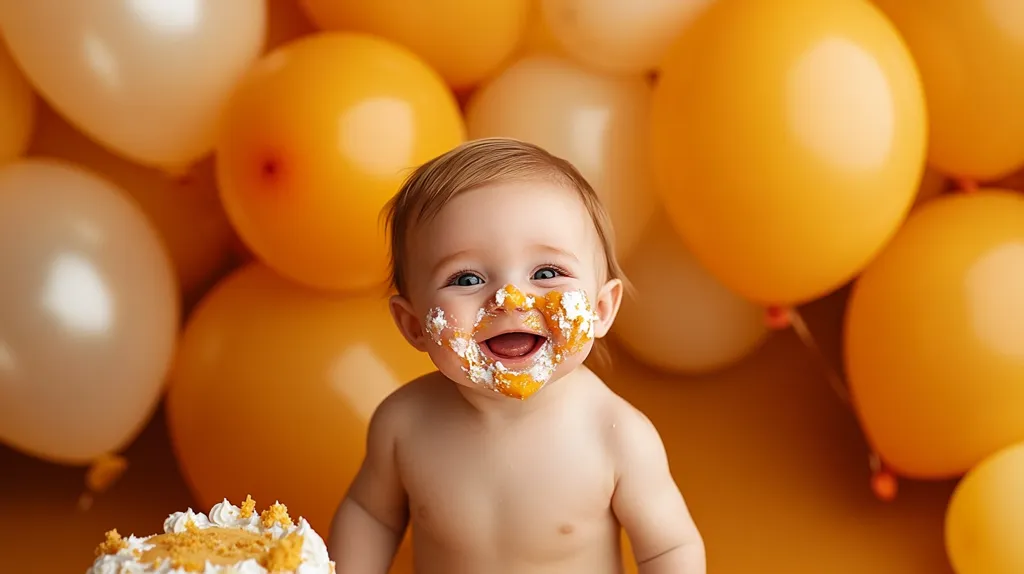 A baby, covered in cake frosting, smiles broadly at the camera. The baby is surrounded by yellow and white balloons, creating a festive atmosphere. The image captures the joy and innocence of childhood.