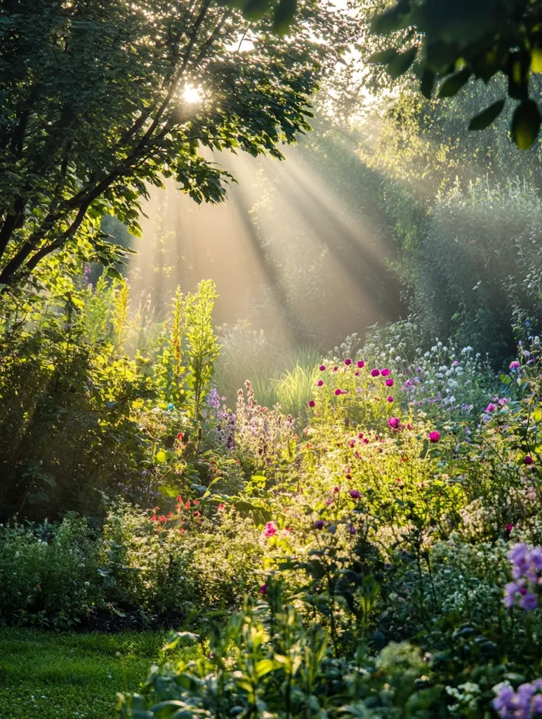 A magical, sun-drenched garden, bathed in golden light.  Sunlight streams through lush green leaves, illuminating a tapestry of vibrant flowers in shades of pink and purple. The air seems to shimmer with the warmth of the morning sun. The scene evokes a sense of peace, tranquility, and the beauty of nature.