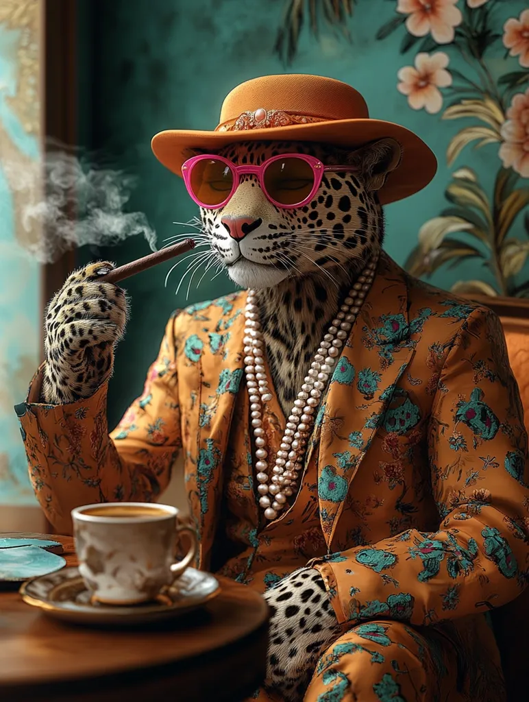 A leopard wearing a stylish orange suit with a floral pattern, a pink hat, pink sunglasses, and a pearl necklace, sits at a table with a cup of coffee and a cigarette, exhaling a plume of smoke. The background features a teal wall with tropical flowers and greenery.  The leopard's relaxed posture and confident expression convey a sense of sophistication and coolness.  The image blends animal imagery with human fashion, creating a unique and whimsical visual.