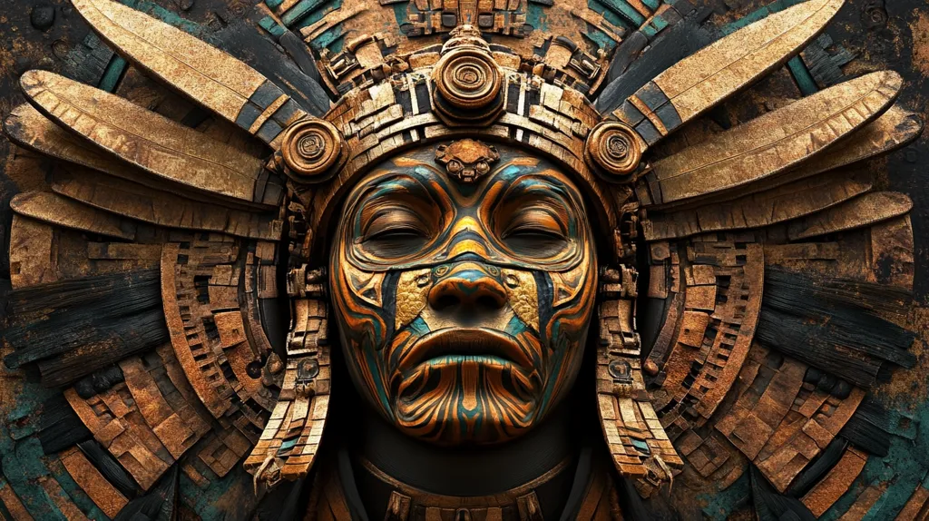 A close-up of a face adorned with intricate gold and blue patterns.  The face is framed by a headdress made of  gold and black feathers with intricate geometrical designs.  The face is serene with closed eyes.  The headdress  appears to be made of metal, and has an aged appearance. The overall tone of the image is dark and mysterious.